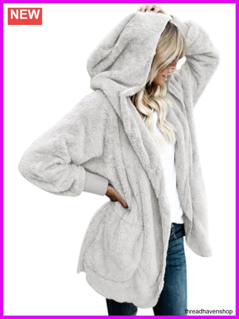 Women's Fuzzy Hooded Cardigan Jacket Open Front Sherpa Coat Pockets Fleece